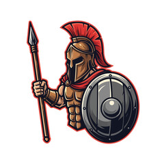 Obraz premium Mascot illustration of a powerful Spartan warrior with spear and shield.