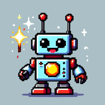 A pixel art robot character with glowing details stands happily with stars around it