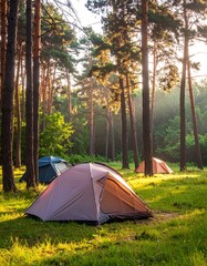 Tents on grassy land are surrounded by tall trees, with sunlight filtering through the leaves in a scenic view