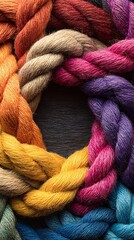 Awesome photo of vertical close-up view of colorful braided ropes arranged in a circular pattern.