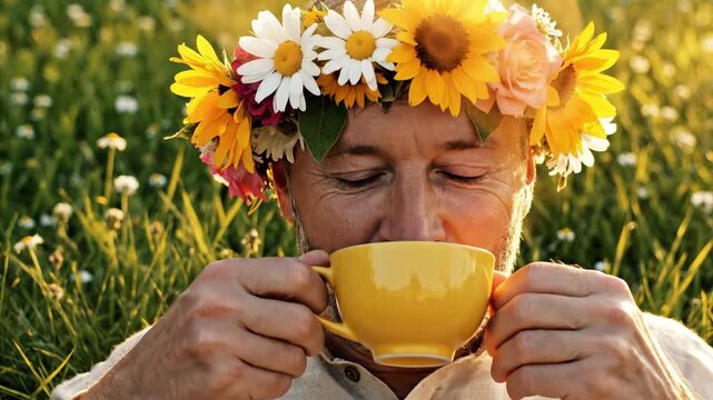 Man wearing a vibrant floral wreath, enjoying a drink from a yellow cup in a sunlit meadow, suitable for summer lifestyle, wellness, nature, outdoor leisure, and midsommar celebration content.