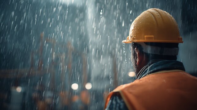 Awesome photo of construction worker in reflective vest and yellow hard hat standing in the rain at a construction site at night.