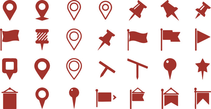 red map markers and flags icons set