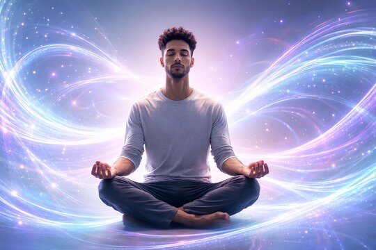 Person meditating surrounded by soft holographic light waves, tech mindfulness