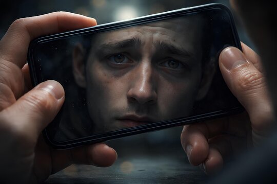 Reflection of lonely face in smartphone screen, digital alienation