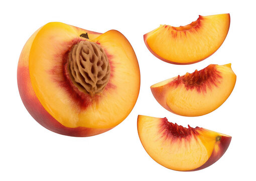 Sliced peaches with pit fruit fresh juicy isolated on a transparent background