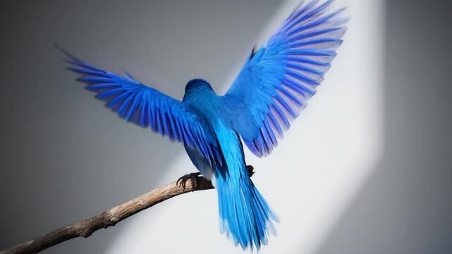 Bird Wing & Feathers. Animal Classification (Basic Animal Groups). Birds. A vibrant blue bird spreading its wings to show the layered feather structure, set in a minimalist white-space environment
