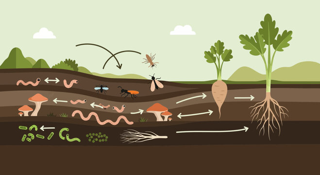 Soil Ecosystem Illustration Worms Fungi and Plant Growth.