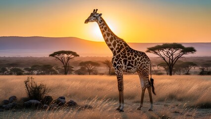Obraz premium A majestic giraffe standing alone in the savannah during a serene sunrise or sunset, eps 9 (8).jpg