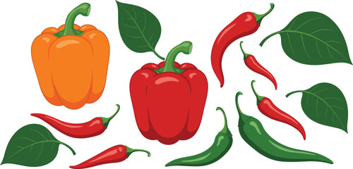 Fototapeta premium Red and Green Chili with Orange Bell Peppers and Leaves, Isolated Spicy Vegetable Illustration