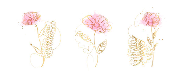 Elegant gold line flower with fern leaf, minimal botanical decorative illustration. Minimal gold line flower combined with fern leaf, elegant botanical composition.