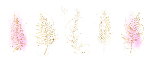 Minimal gold line fern leaf set with watercolor splash, elegant botanical illustration. Elegant gold line fern leaves with watercolor accents, modern botanical decorative collection.