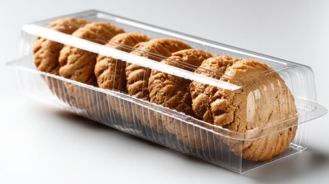 Golden Bites: An eye-level shot captures a tray of delectable cookies, each a perfectly crafted treat, encased in clear, transparent packaging. Inviting viewers to indulge.