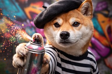 Shiba Inu Artist Dog Spraying Graffiti Art with Style and Flair