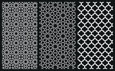 Set of three vertical white Islamic geometric patterns featuring star tessellations and quatrefoil motifs vector on  black background