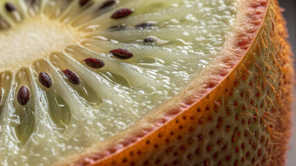 Extreme macro of fruit skin showing pores, fuzz, natural imperfections (not glossy retouched).
