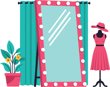 Fashion Boutique Fitting Room Interior with Illuminated Mirror Mannequin Dress and Decorative Plant Vector Illustration