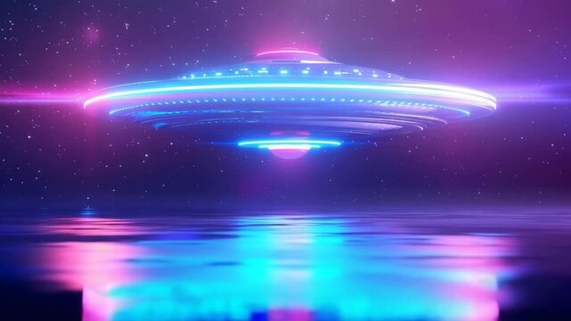 Oval UFO saucer hovering over beautiful landscape in deep dramatic sky