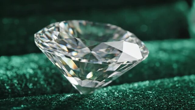 Brilliant cut diamond glinting on textured emerald green velvet fabric