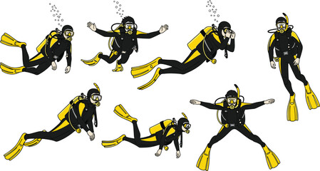 Scuba Diver Underwater Poses Collection with Diving Equipment and Flippers Vector Illustration Set for Marine Sport and Ocean Adventure Design © MstMukta