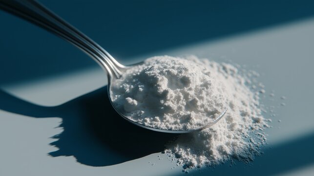 A spoonful of white powder is on a table