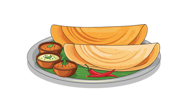 A traditional South Indian dosa served on a plate with various chutney and sambar side dishes in a cartoon style.