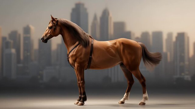 Full Body of Brown Horse in Harness Posing Against Blurry Skyline on Beige Background with Soft Studio Lighting