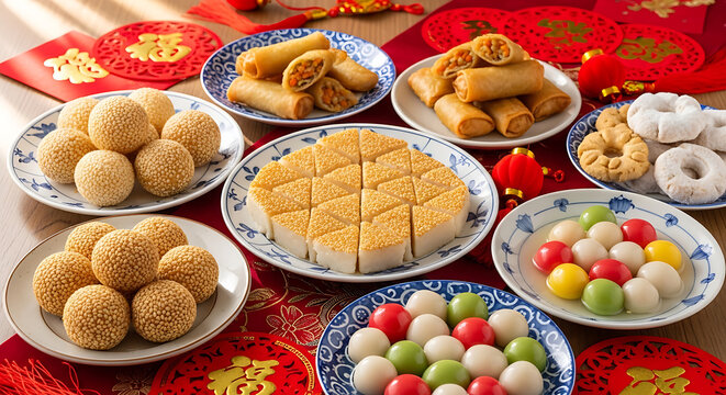 Assortment of traditional Chinese New Year snacks and desserts on a festive table.