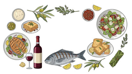 A culinary frame of traditional Greek food dishes, including grilled fish, salad, moussaka, and red wine, with a central copy space.