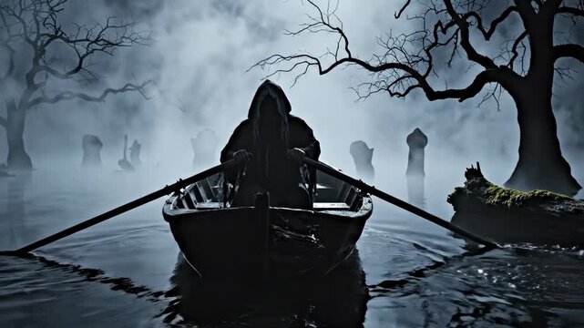 Mysterious hooded figure rows a boat through a foggy, desolate swamp at twilight