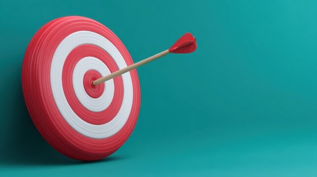 Red and White Circular Target with Arrow Hitting Center on Solid Turquoise Background Reflecting Focus and Accuracy in Achieving Goals and Success Strategies
