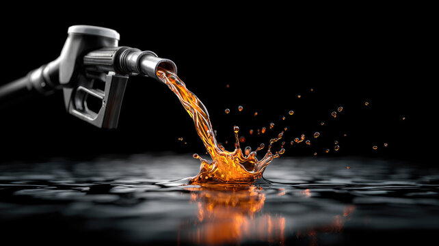 A fuel nozzle pumping gas, liquid fuel pouring from the nozzle, splash and drops on dark background.