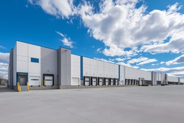Modern Distribution Center on Sunny Day with Blue Sky and White Clouds