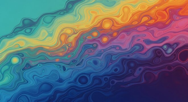 Vibrant abstract wave with swirling patterns of blue green yellow orange pink and purple hues in a mesmerizing gradient