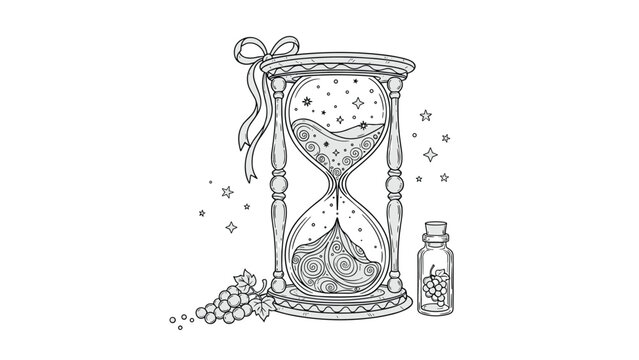 Intricate black and white line drawing features an hourglass filled with cosmic swirling sand and stars, accompanied by a small glass bottle.