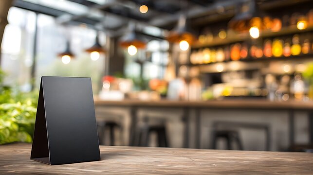 Awesome photo of blank black table tent card mockup on wooden table with blurred bar or restaurant background.