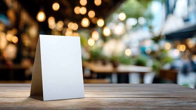 Awesome photo of blank white triangular table tent card mockup on wooden table with blurred cafe background and bokeh lights.