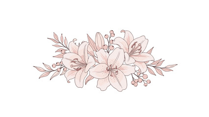 Fototapeta premium Beautiful floral arrangement with light pink lily flowers green leaves and small berries in a soft botanical design.