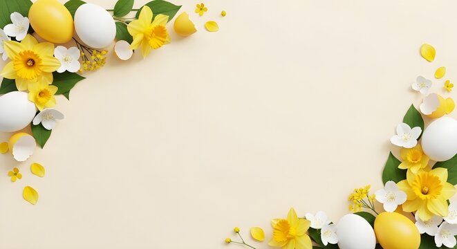 Easter floral border with eggs on cream background
