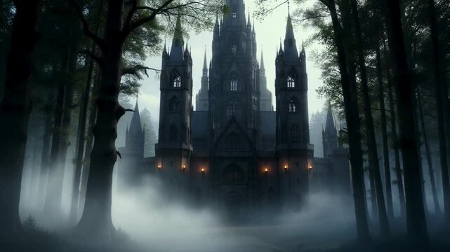 A gothic castle emerges from the fog, standing between towering trees. Its dark silhouette inspires mystery and historical appeal.