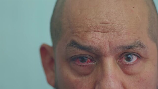 Man with subconjunctival hemorrhage in a male patient 1 week after uncomplicated pterygium surgery. 