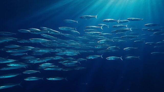 Fish Schooling Movement. Animal Classification (Basic Animal Groups). Fish. A group of identical small silver fish moving in perfect unison, set in a deep blue oceanic void
