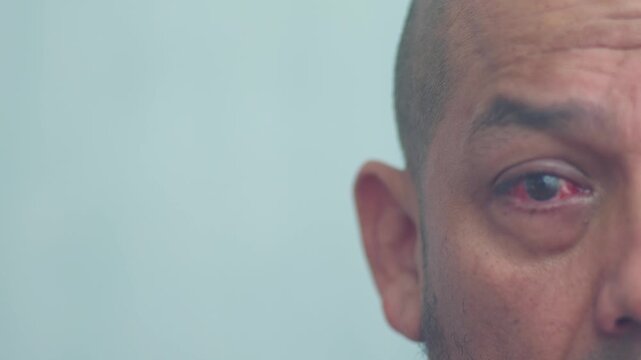 A man slowly raises his gaze where his right eye can be seen after pterygium surgery.