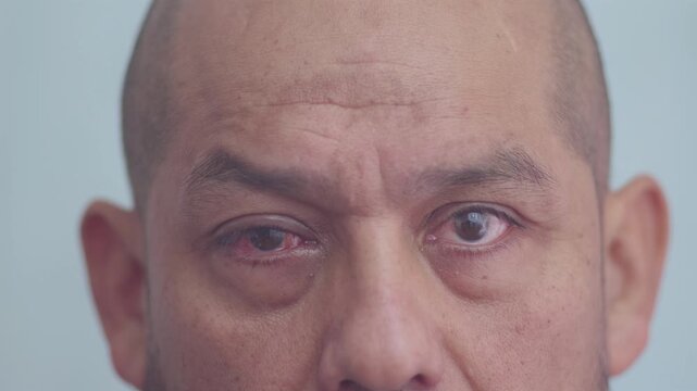 A patient looks straight ahead and shows the results after surgery for a pterygium in the right eye.