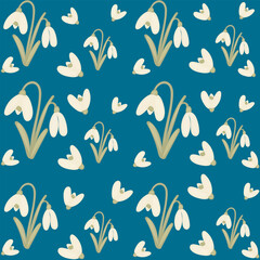 Seamless pattern featuring delicate snowdrop flowers on a teal background. Perfect for textiles, wallpapers, packaging, and decorative projects.
