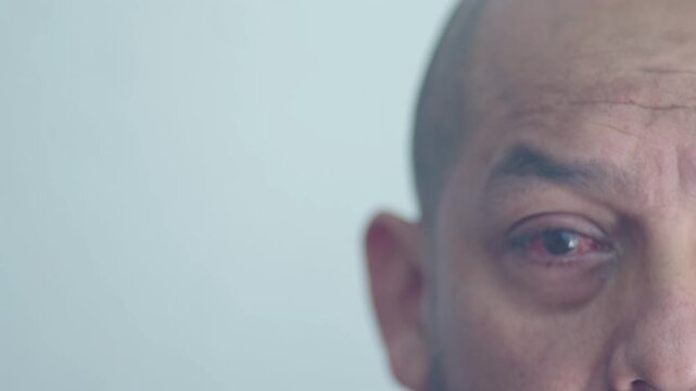 A man with his right eye swollen due to eye surgery for pterygium looks at the camera.