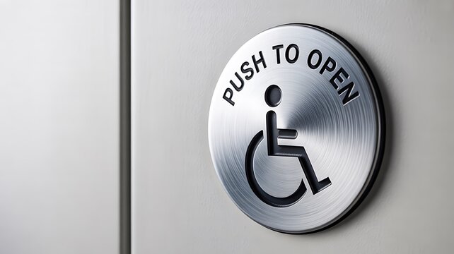 Wheelchair accessible push to open automatic door button for disabled access and inclusive building entrance
