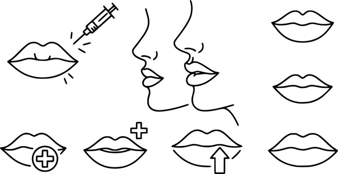 flat and linear set icons, lip augmentation procedure icon, lips