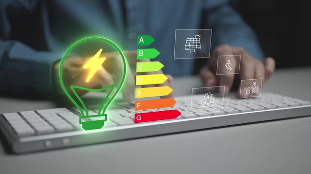 Energy efficiency concept. Person typing keyboard with energy saving and sustainability icons, power optimization, cost reduction and smart energy management.