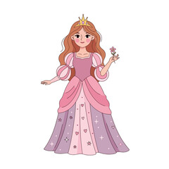 Fototapeta premium Cartoon Princess with Tiara and Flower, Fairytale Character Illustration